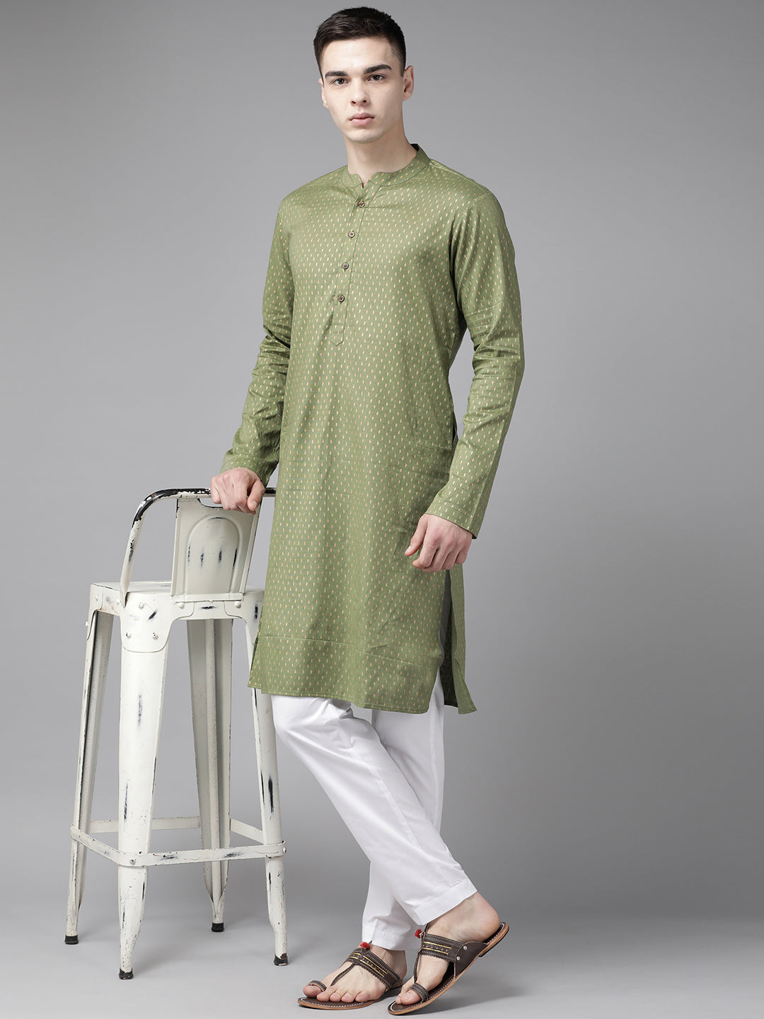 Riwaat.com Men Green & Gold Stripe Printed Straight Kurta With Pajama Riwaat Bundi Mehendi Printed