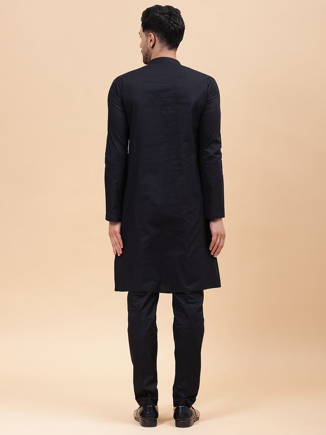 Men Black & Red Pure Cotton Embroidered Straight Kurta With pyjama
