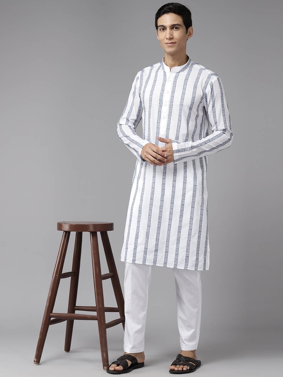 Men White & Grey Pure Cotton Embroidered Straight Kurta With Pajama