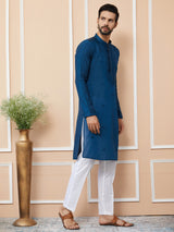 Navy Blue Embroidered Chanderi Silk Straight Kurta with Pyjama