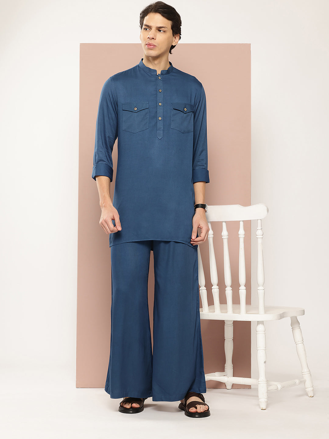 Men Teal Rayon Solid Pathani Sets