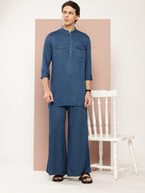 Men Teal Rayon Solid Pathani Sets