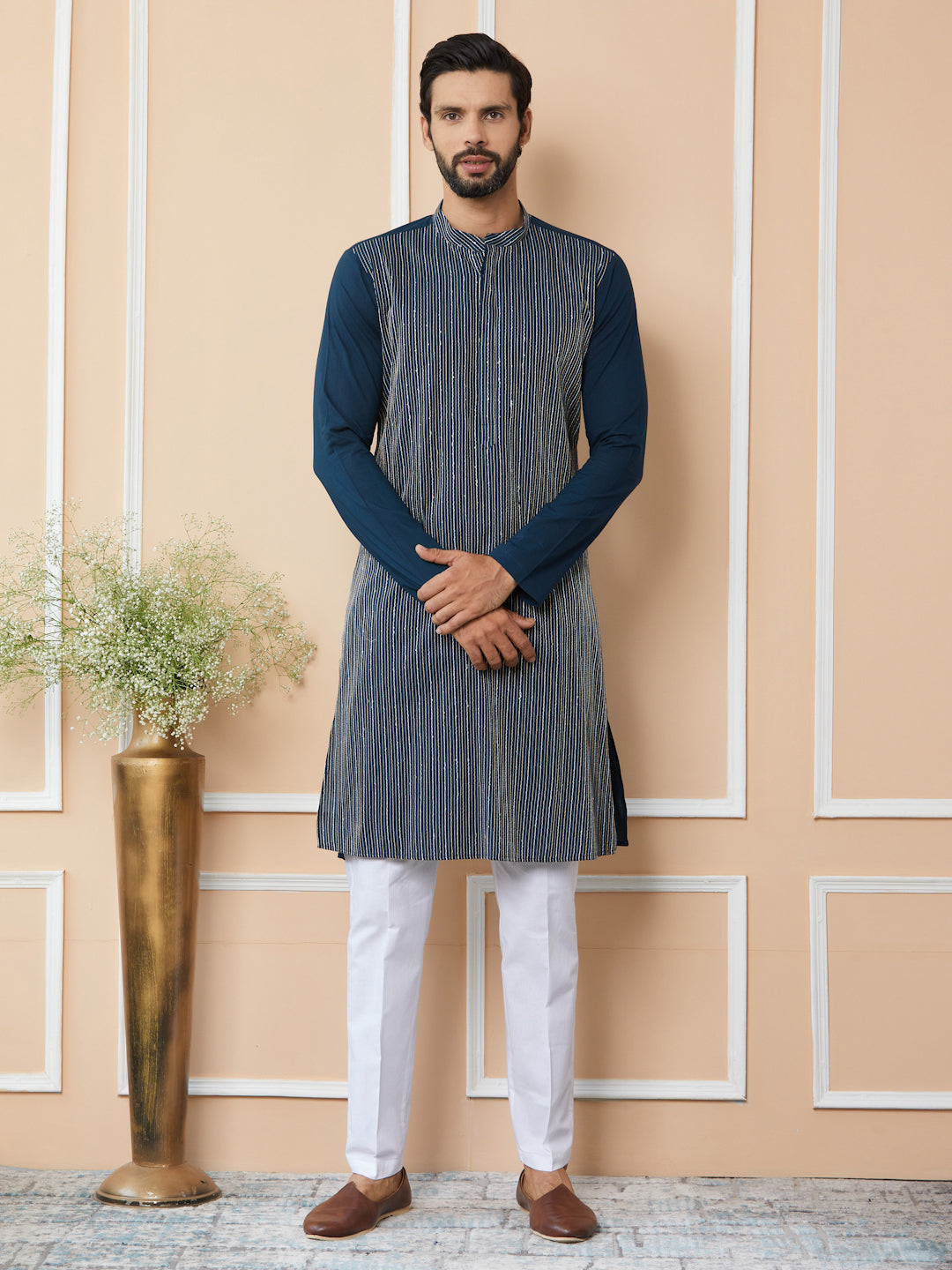Dark Blue Thread & Sequins Worked Pure Cotton Straight Kurta with Pyjama