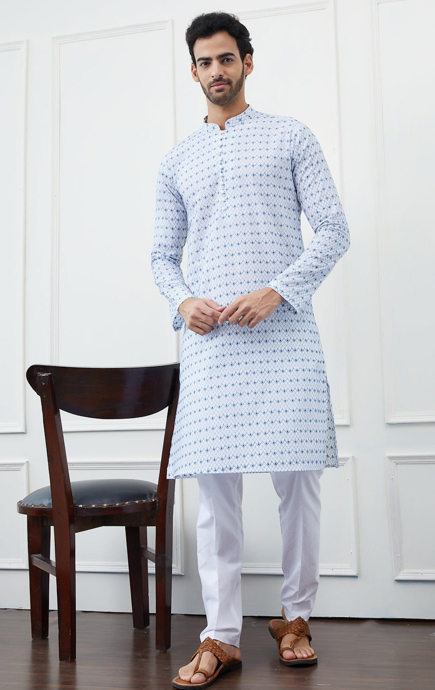 Men White And Blue Chikankari Embroidery Cotton Kurta