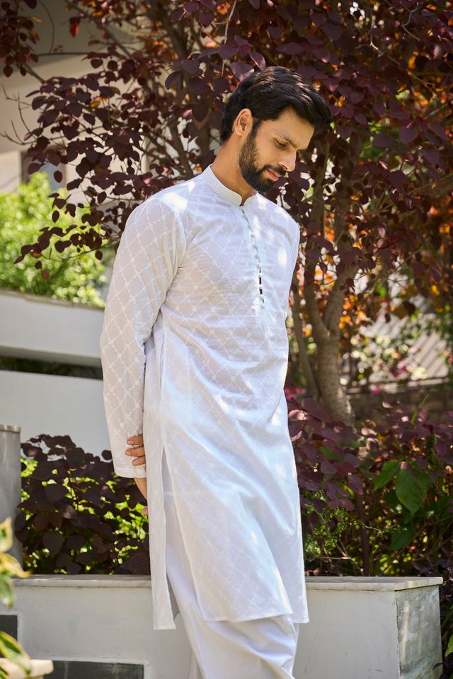 Men White Chikankari Embroidered Straight Kurta With White Salwar