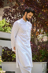 Men White Chikankari Embroidered Straight Kurta With White Salwar