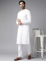 Men White Ivory Impressions Chikankari Embroidered Straight Kurta