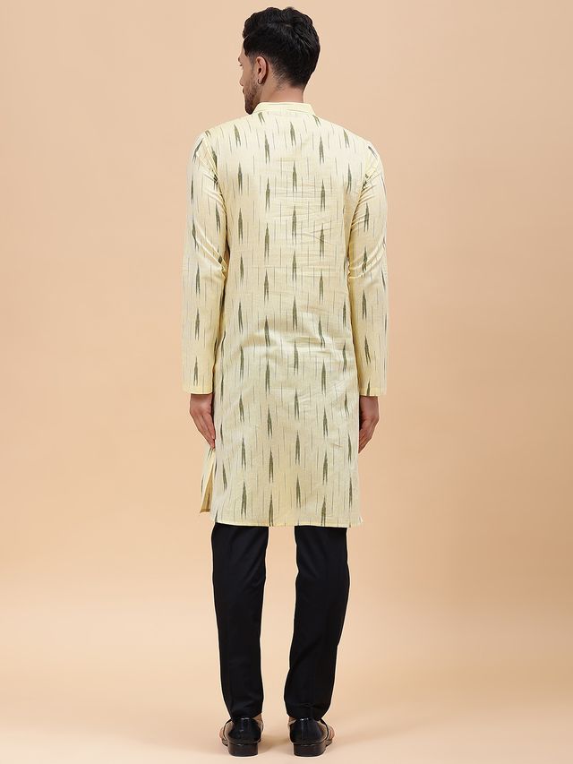 Men Cream & Green Pure Cotton Printed Straight Kurta With pyjama