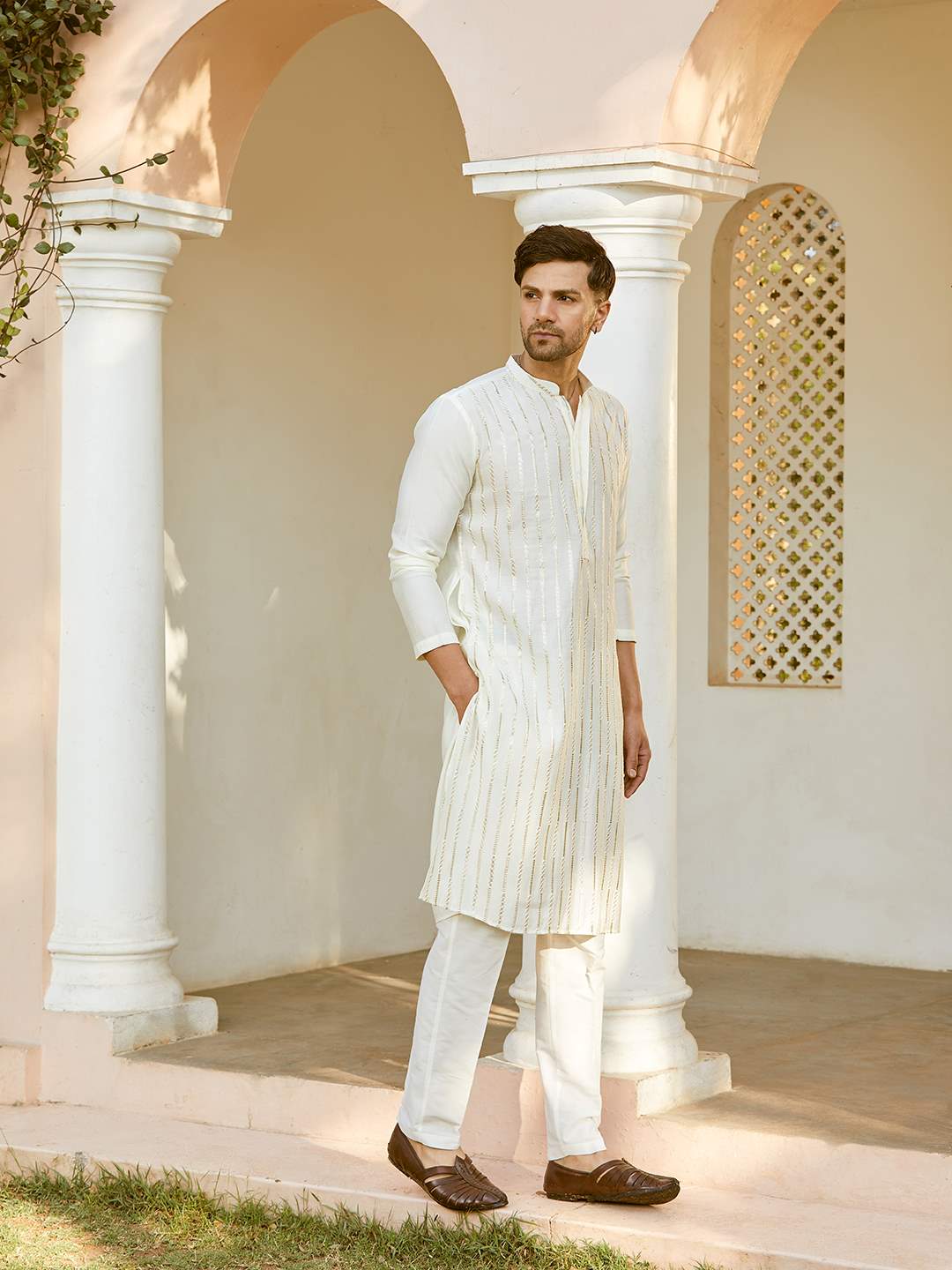 Men Ivory with Golden Accents Chanderi Silk Sequins Kurta With Pajama