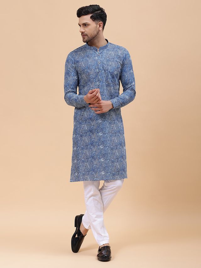 Men Blue Pure Cotton Printed Straight Kurta With pyjama
