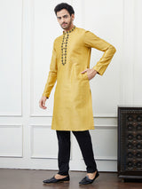 Riwaat.com Men Mustard & Black Embroidery Cotton Kurta Riwaat Embroidered Haldi