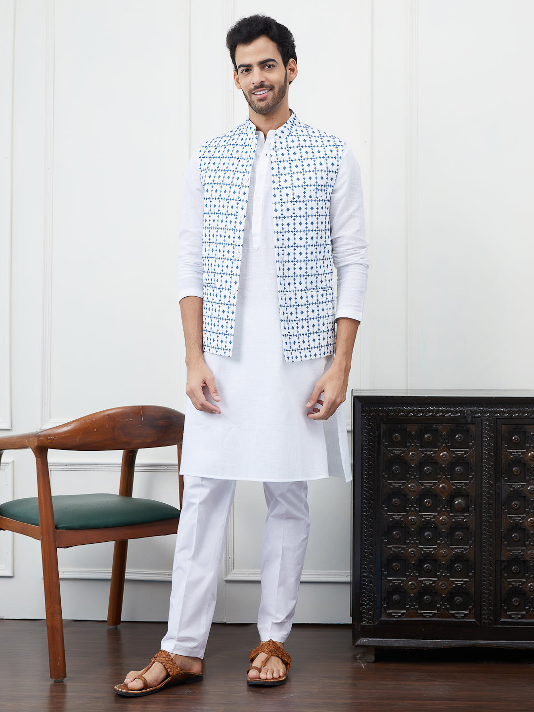 Men White And Blue Color Woven Design Chikankari Embroidery Cotton Nehru Jacket