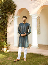 Men Teal And Gold Chanderi Silk Sequins Kurta With Pajama