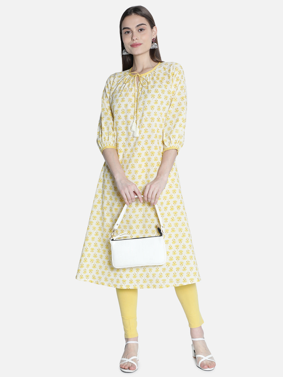 Women Off White And Yellow Printed Kurti