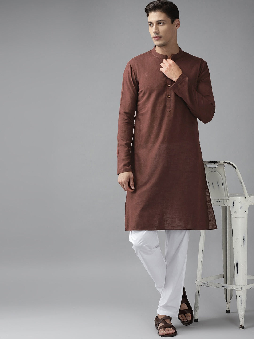 Men Brown Cotton Straight Kurta with Slub Effect With Pajama