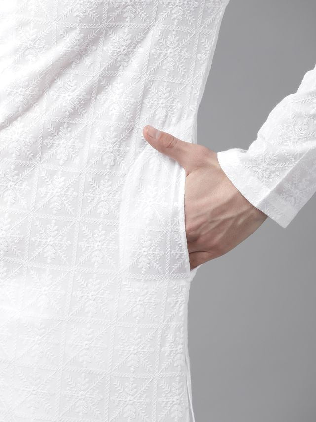 Men White Pure Cotton Chikankari Embroidered Straight Kurta With Pyjama
