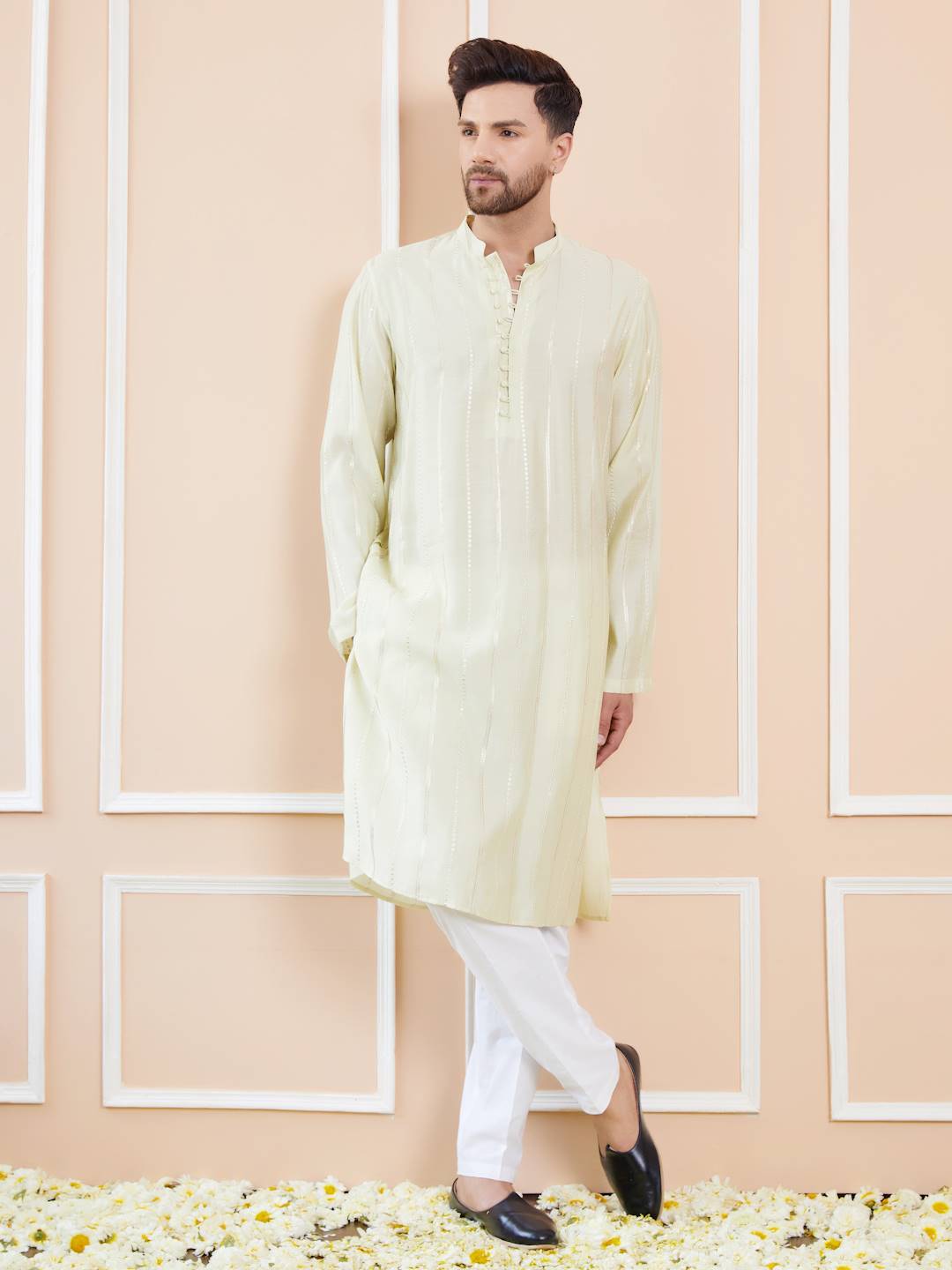 Men Cream with Subtle Gold Shimmer Chanderi Silk Sequins Kurta With Pajama