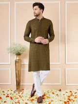 Men Olive Floral Embroidered Sequined Rayon Kurta