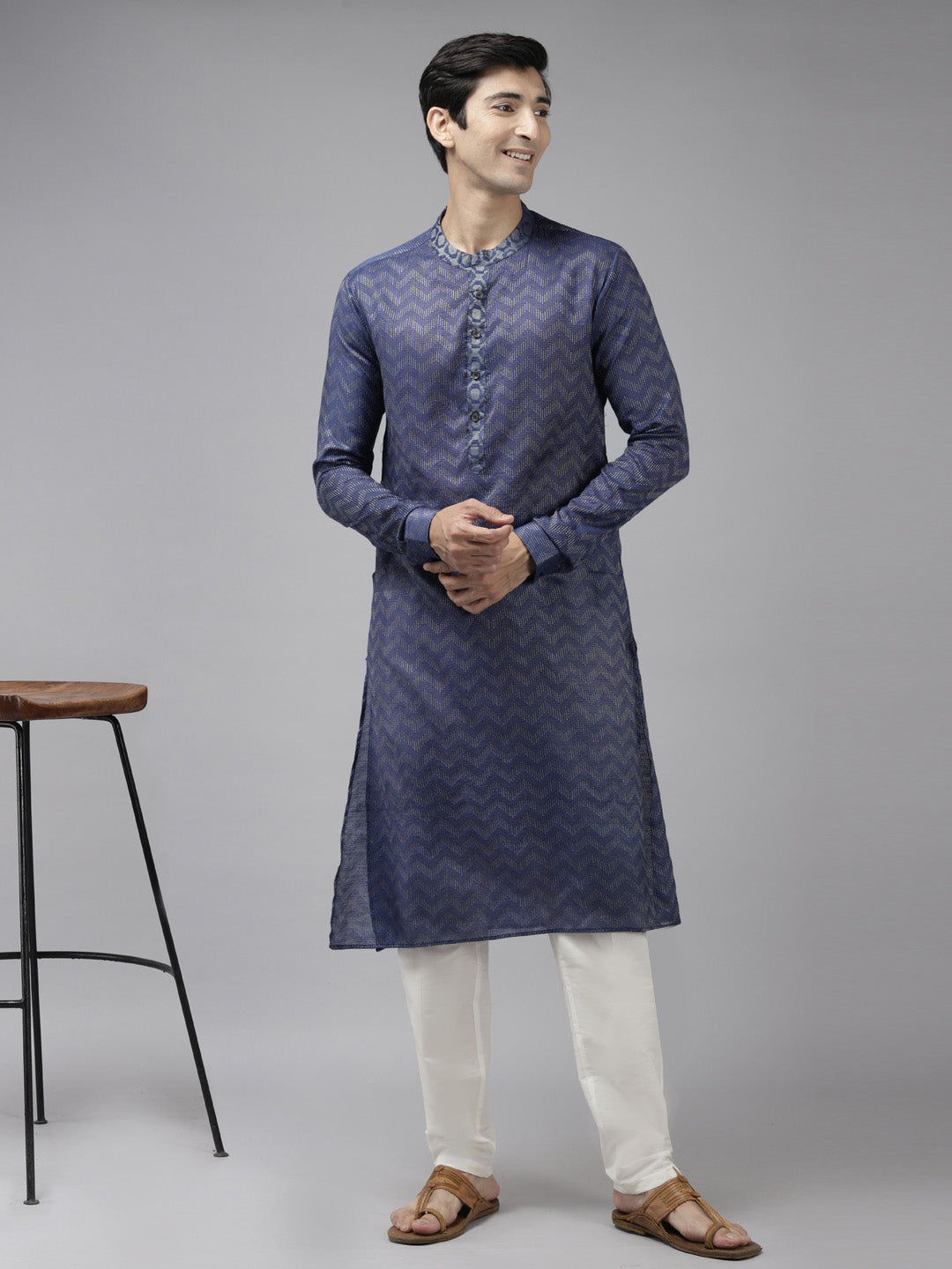 Men Purple & Beige Wave Woven Design Thread Work Kurta