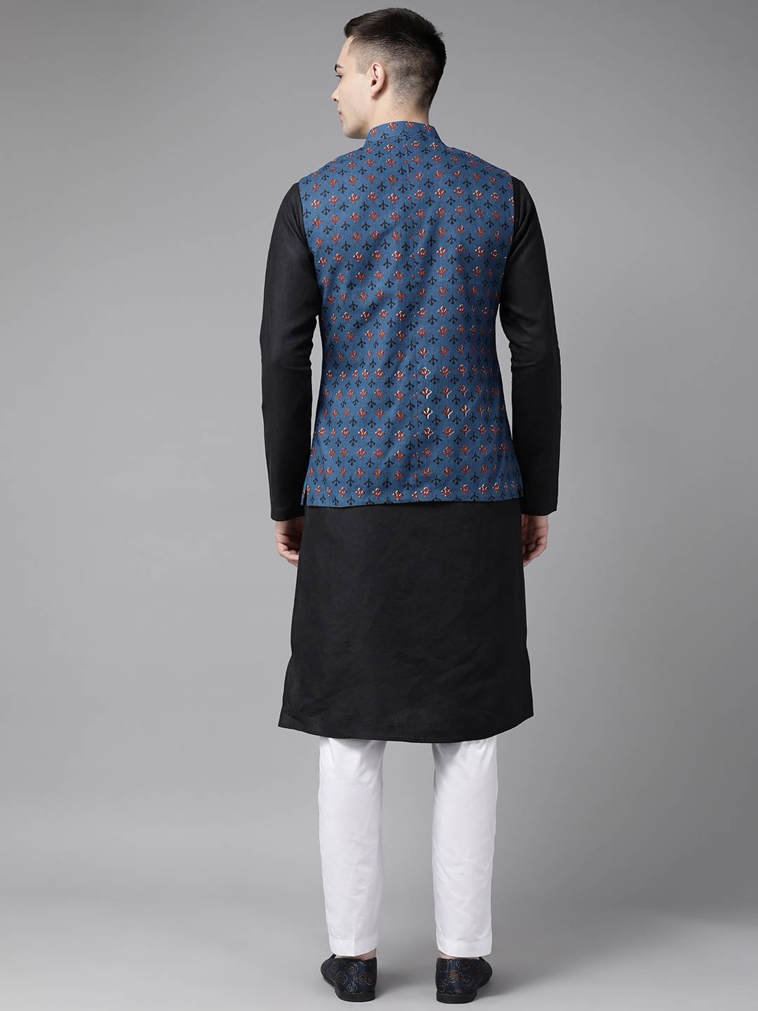 Men Black Pure Cotton Kurta Pajama With Blue Printed Nehru jacket