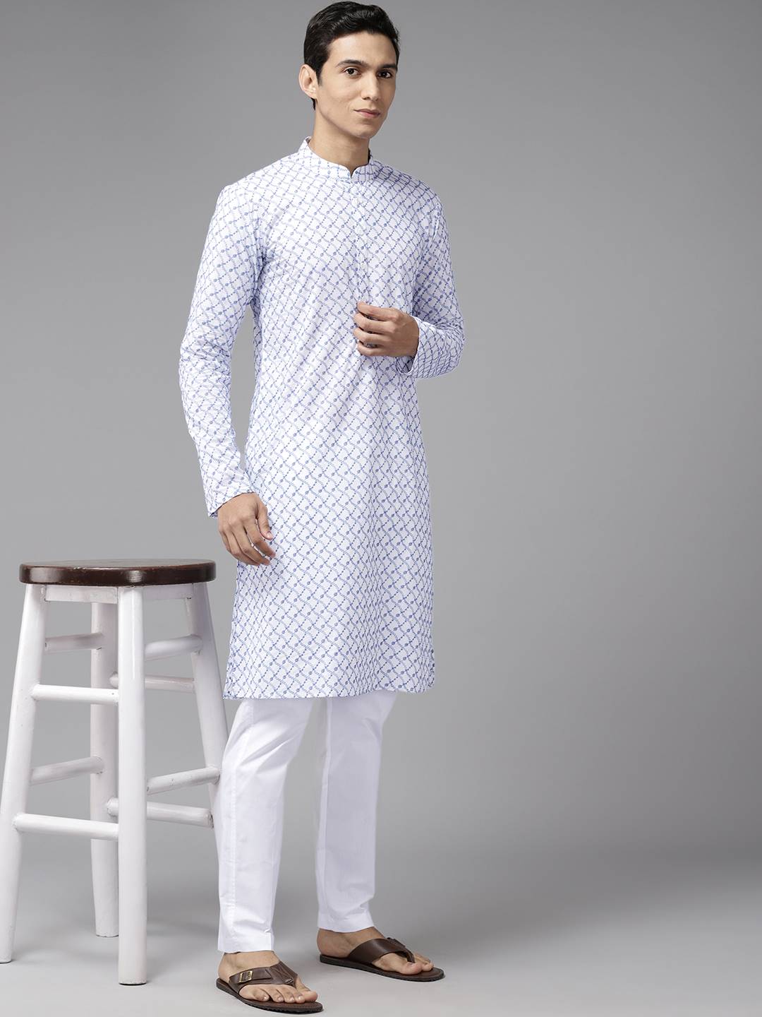 Men White with Blue Lattice Pattern Pure Cotton Embroidered Straight Kurta With Pajama