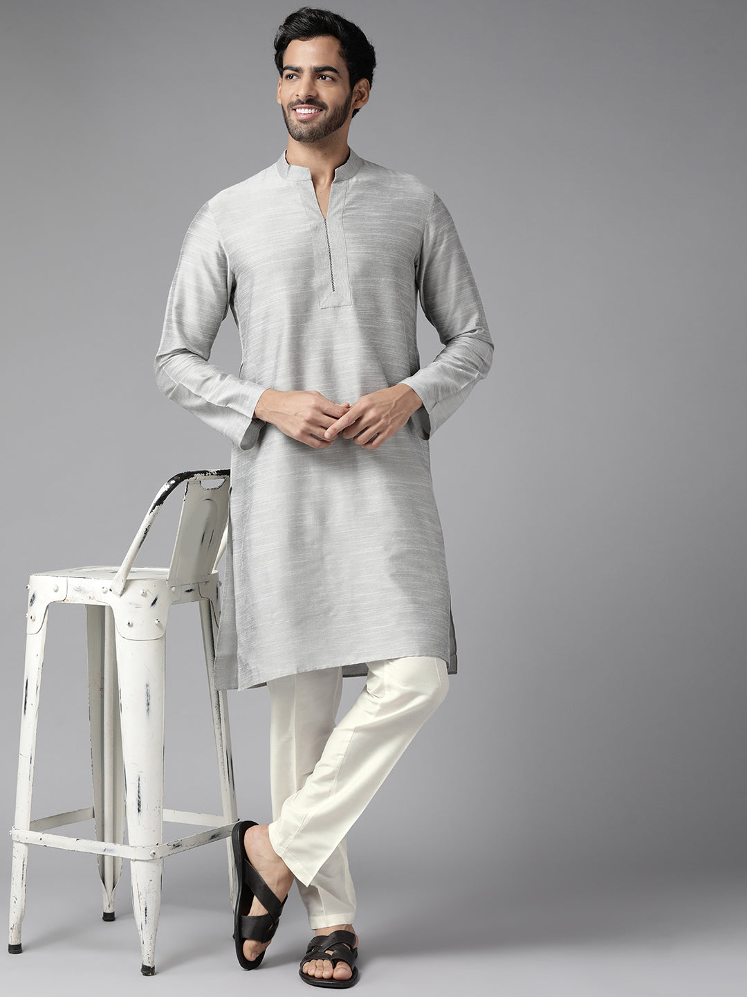 Men Grey Cotton Silk Straight Kurta