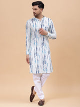 Men White & Blue Pure Cotton Printed Straight Kurta With pyjama