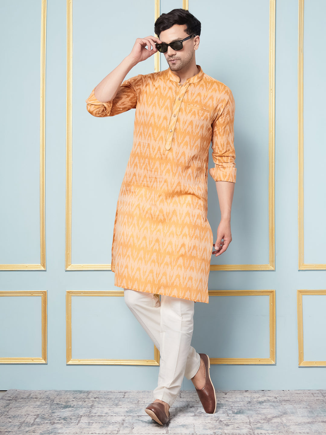 Men Mustard And Printed Kurta