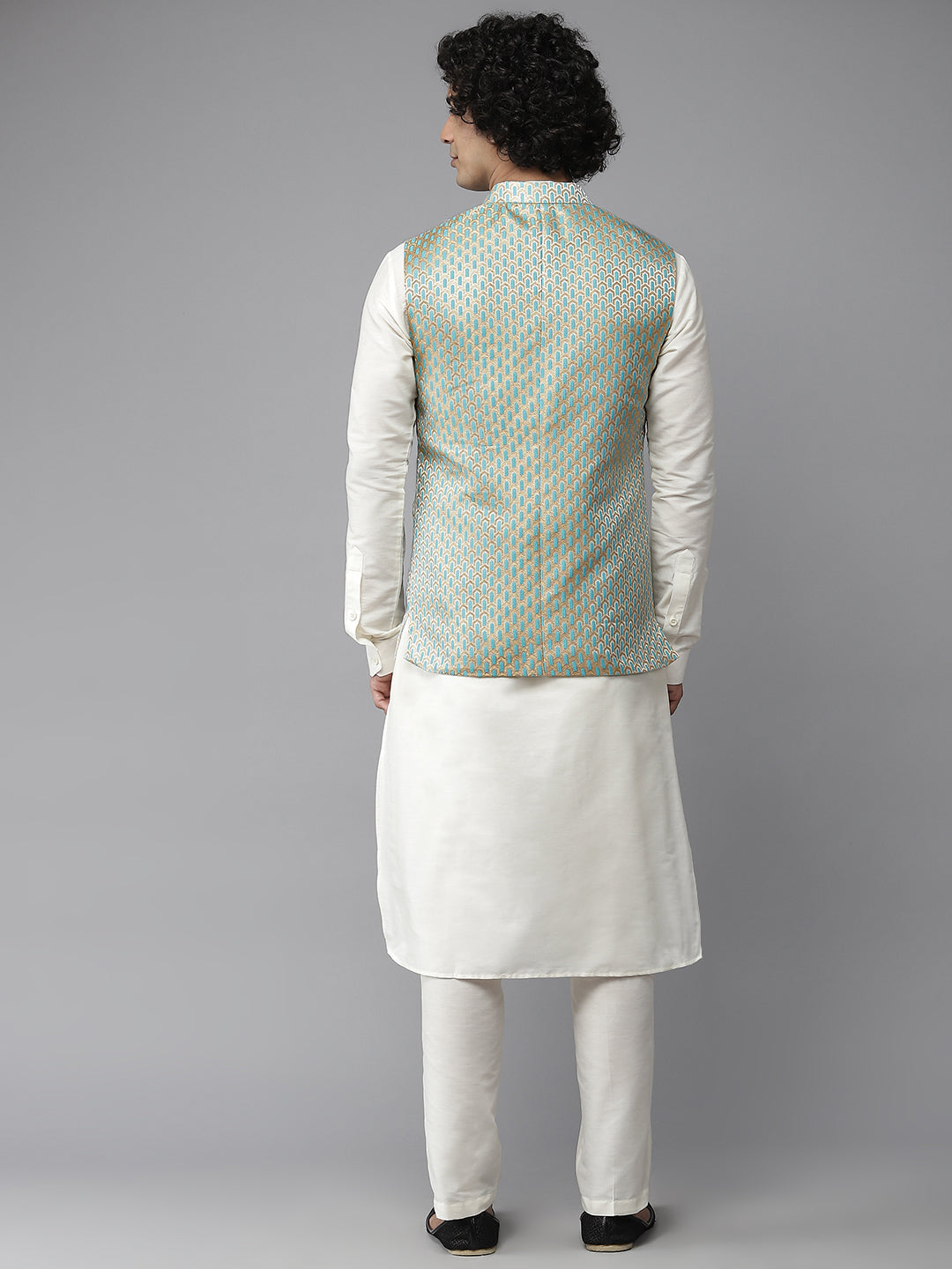 Riwaat.com Men Sea Green & White Solid Kurta Pajama With Nehru jacket Riwaat Indo Western Mehendi