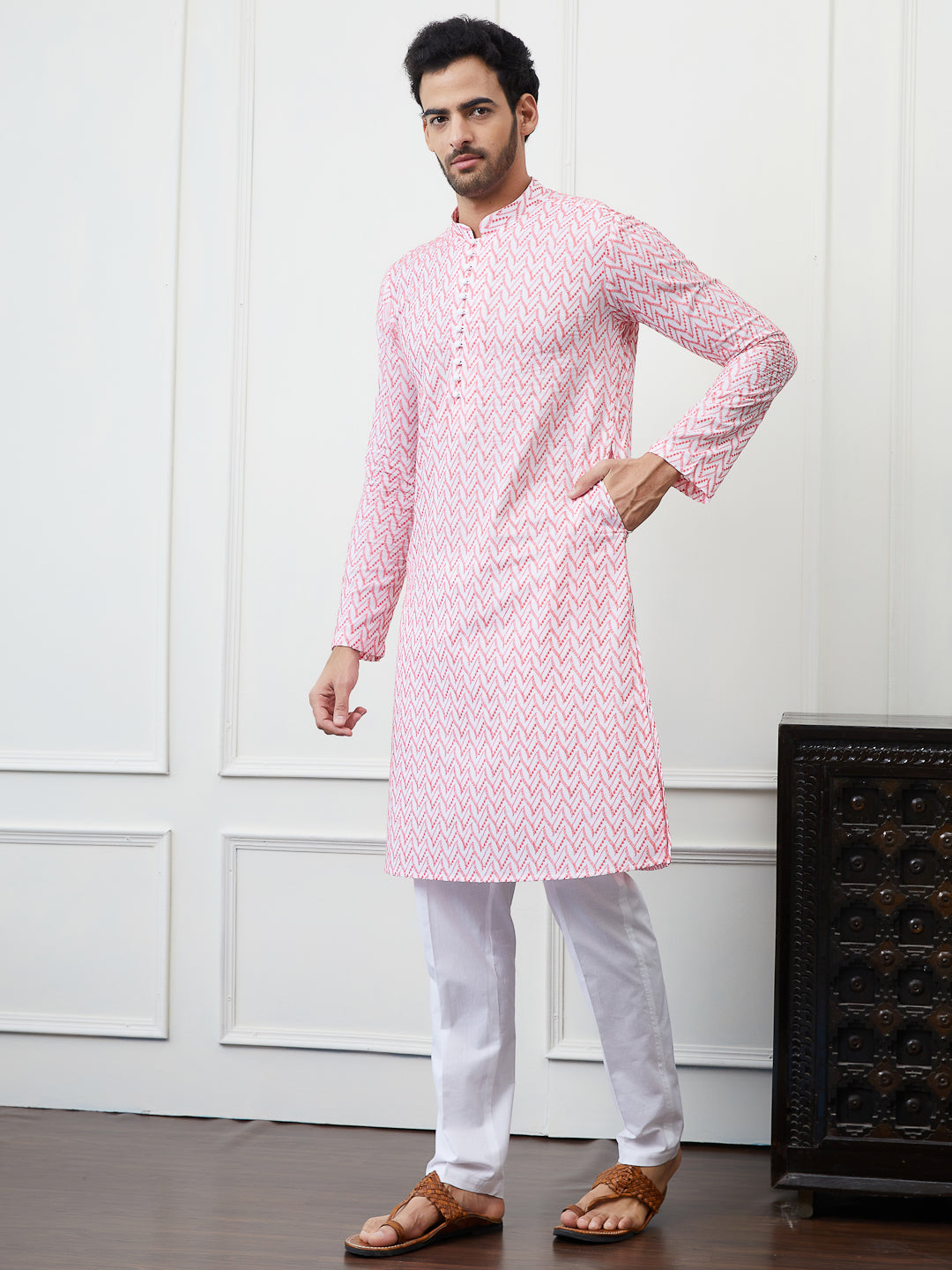 Men Pink And White Chikankari Embroidered Cotton Kurta