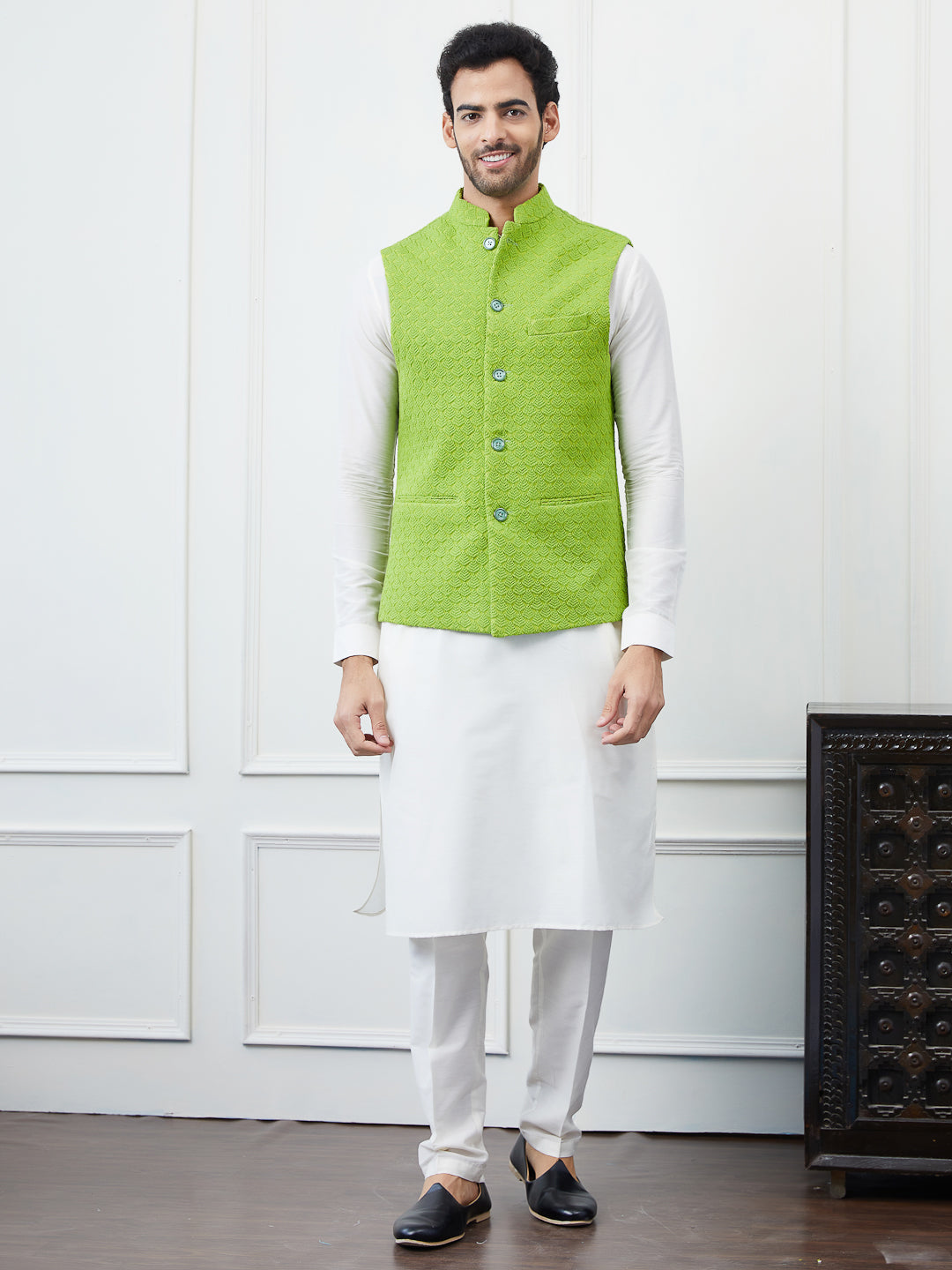 Men Light Green Color Woven Design Embroidery Cotton Nehru Jacket