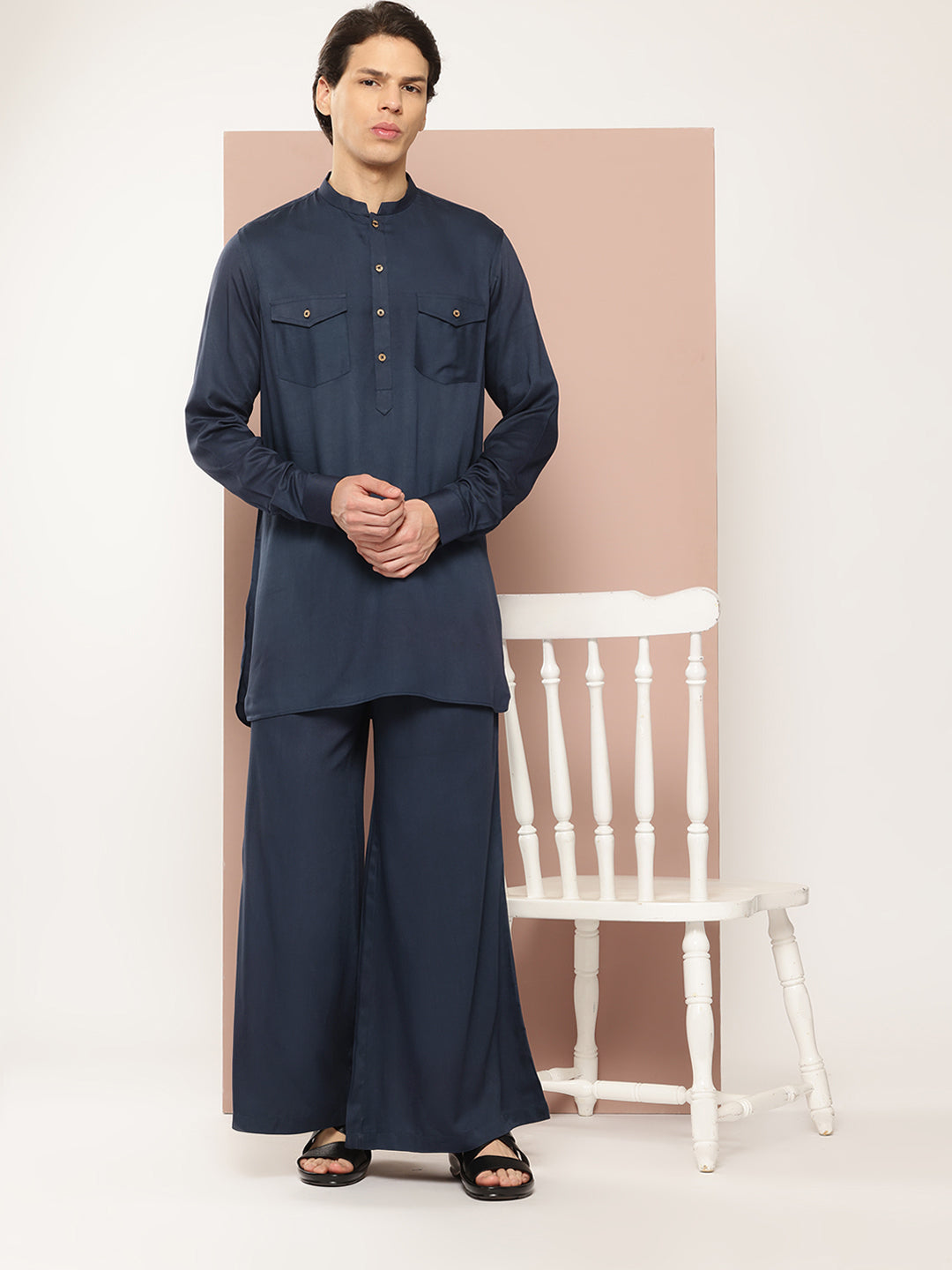 Men Blue Rayon Solid Pathani Sets