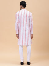 Men White & Pink Pure Cotton Embroidered Straight Kurta With pyjama