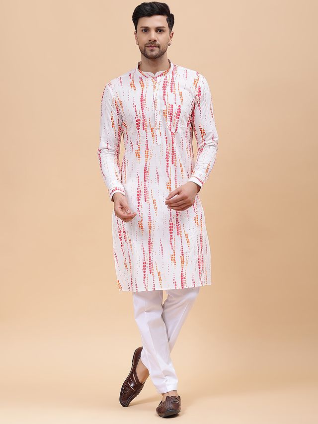 Men White & Pink Pure Cotton Printed Straight Kurta With pyjama