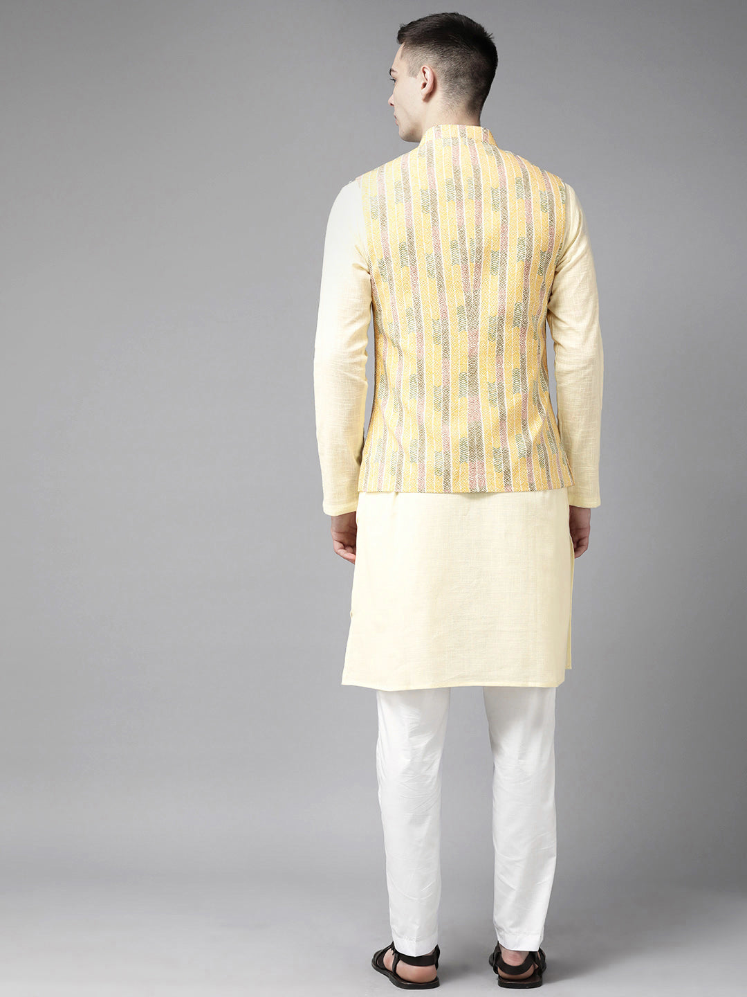 Riwaat.com Men Yellow & Beige Printed Pure Cotton Kurta Pajama With Nehru Jacket Riwaat Haldi Indo Western