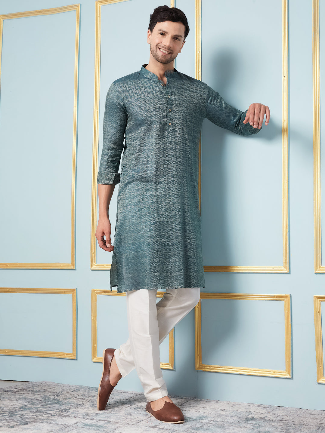 Riwaat.com Men Green & Gold Woven Design Thread Work Kurta Riwaat Mehendi Woven Design