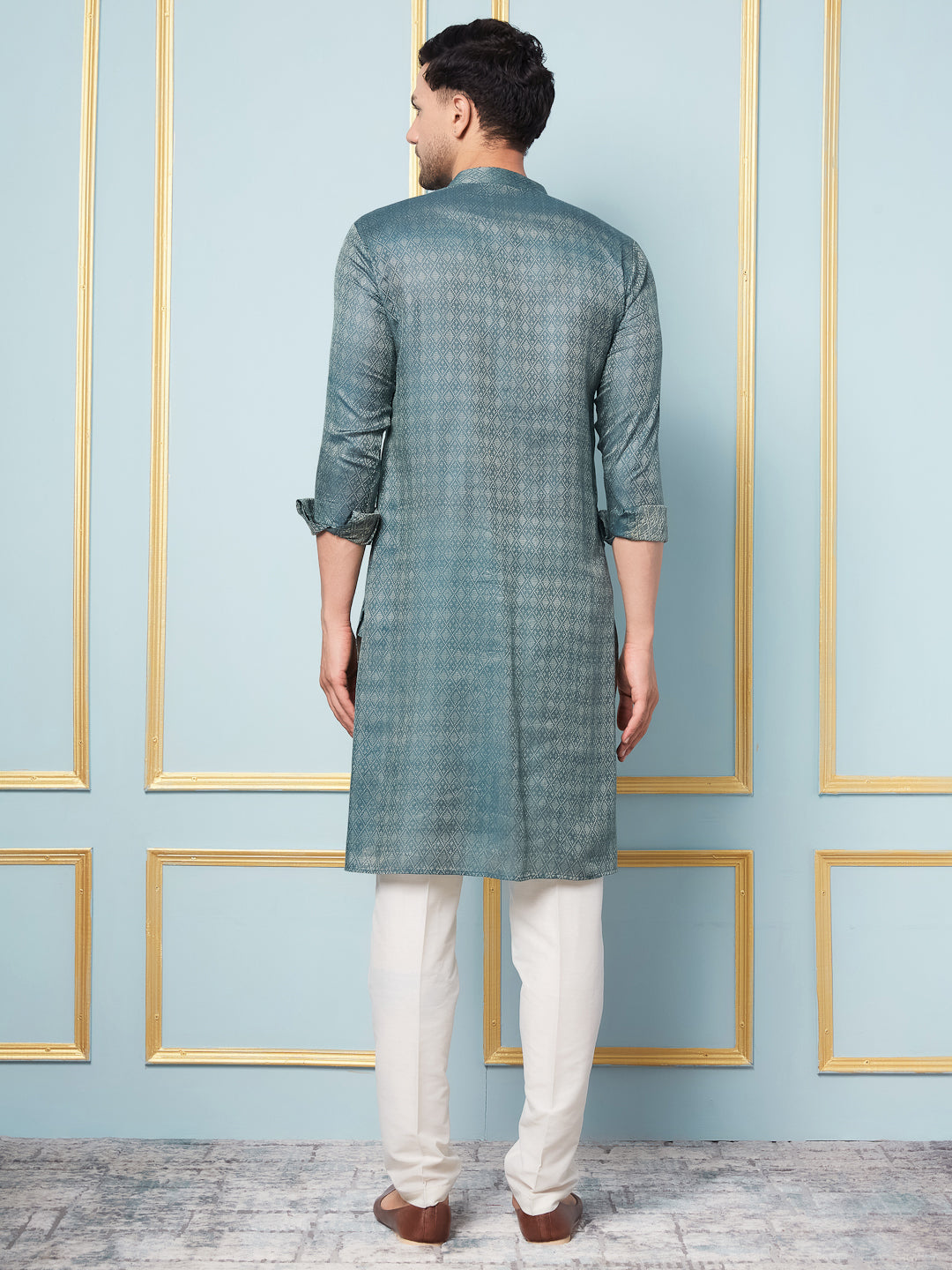 Men Green & Gold Woven Design Thread Work Kurta With Pajama