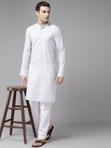 Men Ivory White with Sky Blue Pattern Pure Cotton Embroidered Straight Kurta With Pajama