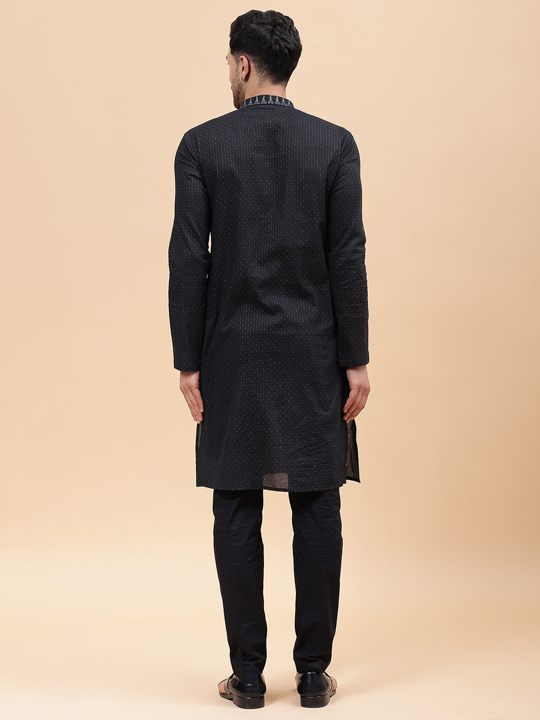 Men Black & Silver Silk Woven Design Straight Kurta With pyjama