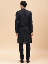 Men Black & Silver Silk Woven Design Straight Kurta With pyjama