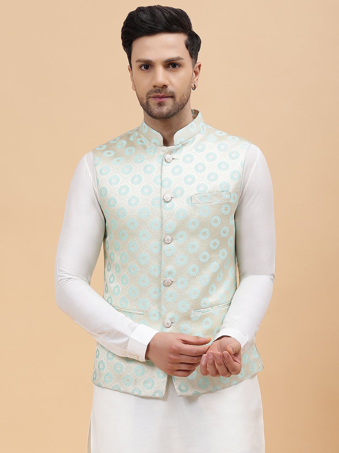 Men Off White Kurta Pajama & Gold Turquoise Blue Woven Design Jacquard Nehru jacket