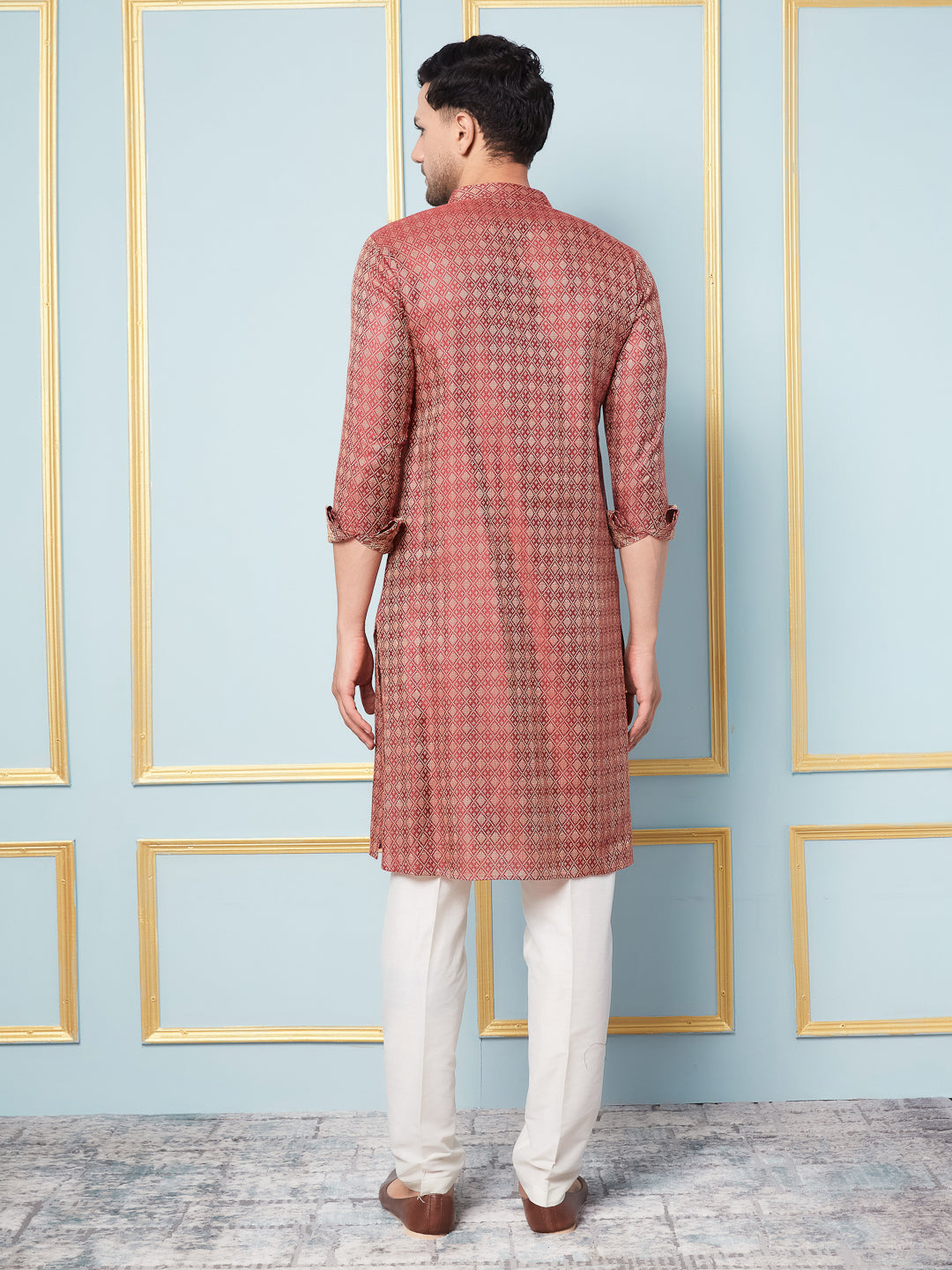 Men Maroon & Gold Woven Design Thread Work Kurta With pyjama