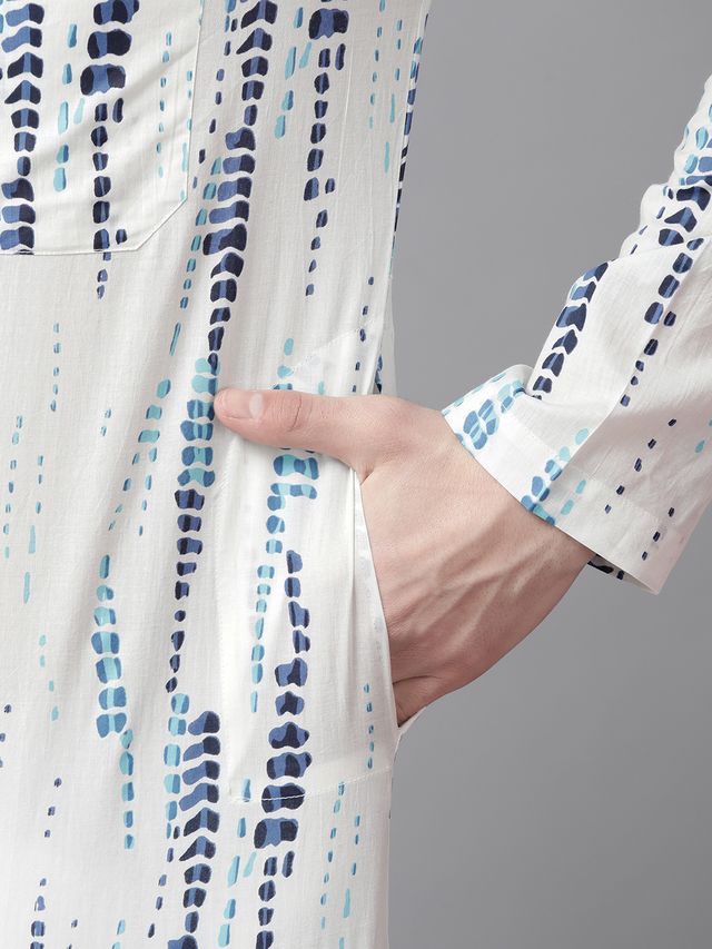 Men White Multi Tie and dye Print Design Straight Kurta With Pyjama