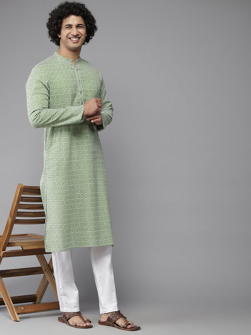 Men Green-Coloured & White Printed Pure Cotton Straight Kurta