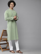 Men Green-Coloured & White Printed Pure Cotton Straight Kurta