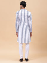 Men White & Blue Pure Cotton Embroidered Straight Kurta With pyjama
