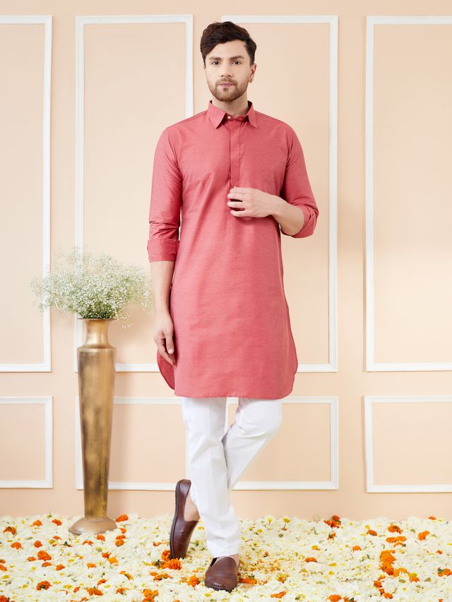 Men Red Cotton Solid Pathani Kurta