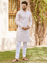 Men Soft Blush Pink with Navy Blue Stripes Pintex Design Sequins Cotton Kurta With Pajama