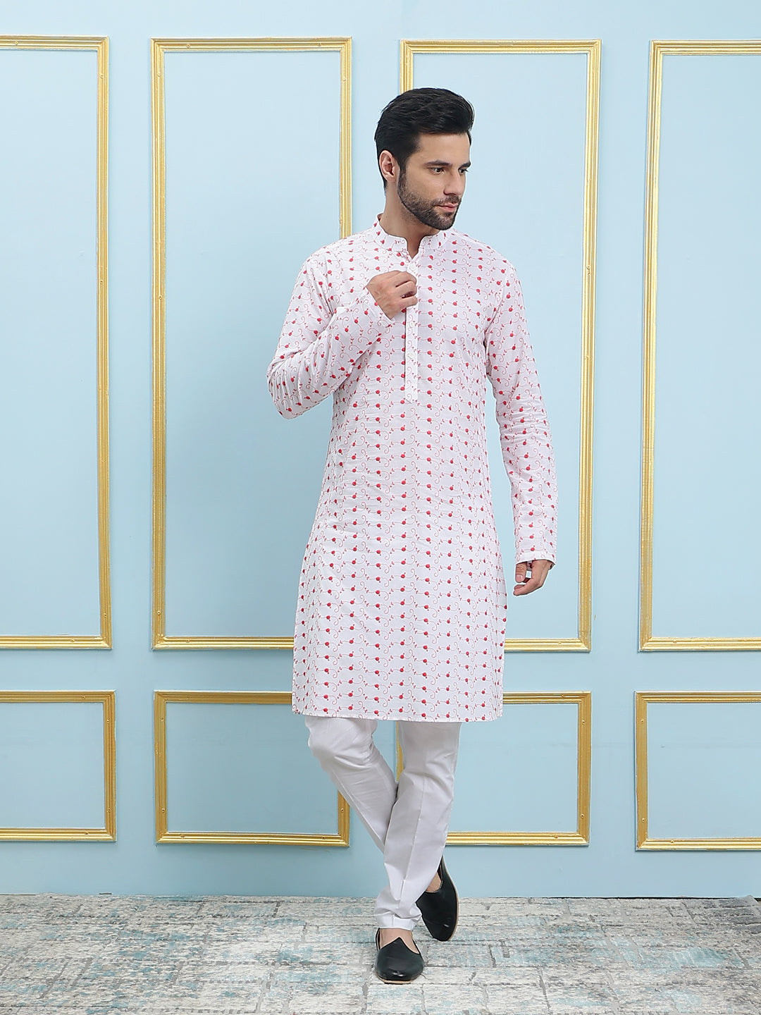 Riwaat.com Men White & Red Chikankari Embroidery Cotton Kurta Riwaat Chikankari Cotton Embroidered