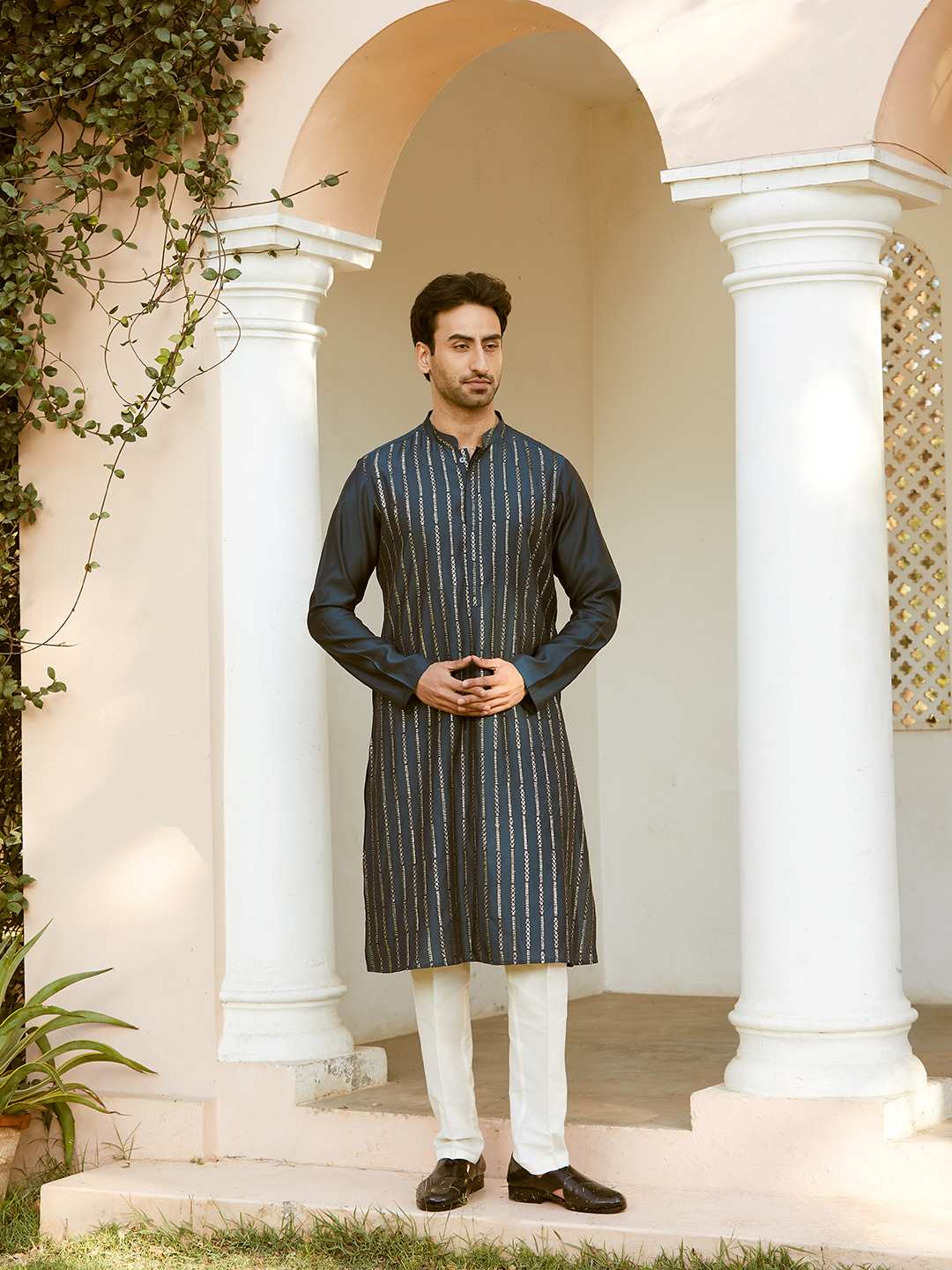 Men Deep Navy Blue with Golden Stripes Chanderi Silk Sequins Kurta With Pajama